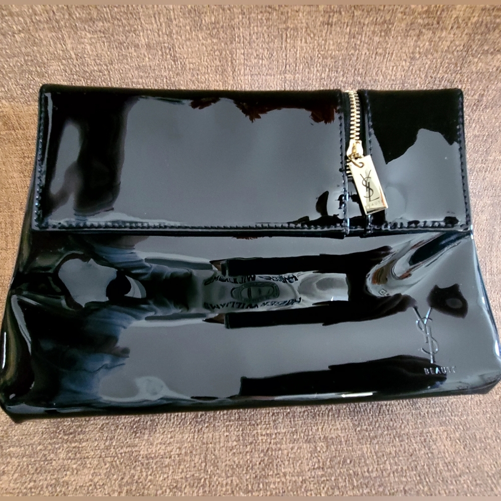 Yves Saint Laurent YSL Beaute Patent Black Clutch with Gold Accent